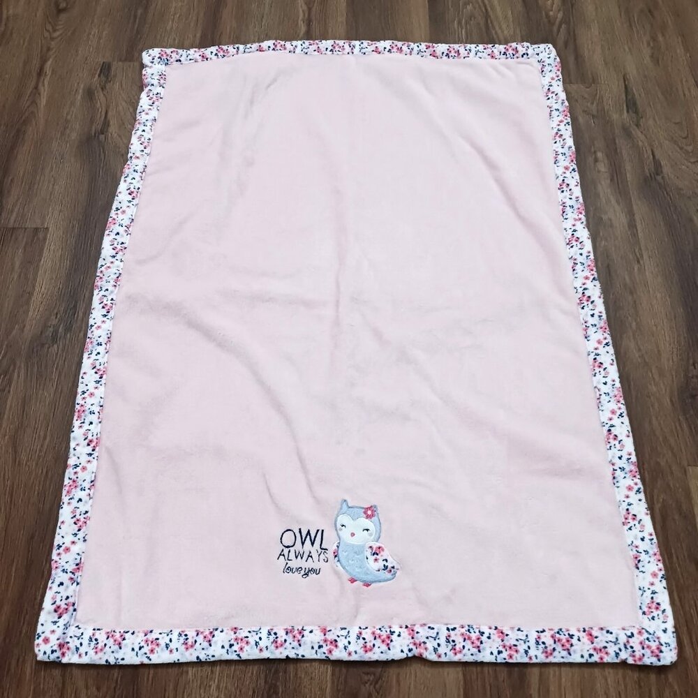 Carters Owl Always Love You Pink Baby Blanket Floral Trim Lovey 29 x 39